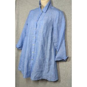 Tunic Dress 100% Linen 6 Button Up Pockets Blue Minimalist Laid Back Elegance